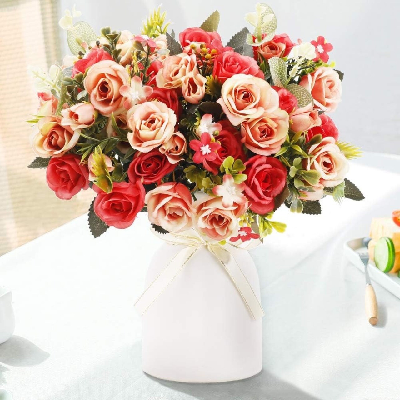 Elegant Artificial Silk Rose Bouquet with Vase – Perfect for Home, Office & Event Décor
